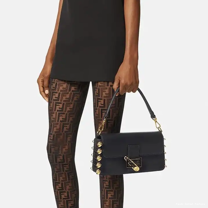 Vintage HOT Black In Brooches Medium Baguette Leather Bag with Fendi Pin Fendace Calf 0327